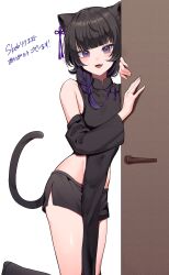 Rule 34 | 1boy, absurdres, agamemega, androgynous, animal ears, bare shoulders, black hair, black shorts, blush, braid, cat boy, cat ears, cat tail, commission, door, fang, ghostcrown, gradient hair, highres, light blush, long hair, looking at viewer, male focus, mole, mole under eye, multicolored hair, open mouth, purple eyes, short shorts, shorts, single braid, skeb commission, solo, tail, thighs, tongue, translation request, tsukikage nero