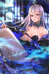 Rule 34 | 1girl, absurdres, bad id, bad pixiv id, blue dress, blue eyes, blue nails, blue sleeves, breasts, bug, butterfly, butterfly on hand, choker, cleavage, collarbone, detached sleeves, dress, earrings, floating hair, hair between eyes, highres, houchi shoujo, huge filesize, hutuu (1121), insect, jewelry, long hair, long sleeves, looking at viewer, medium breasts, nail polish, short dress, sideboob, silver hair, sitting, sleeveless, sleeveless dress, solo, strapless, striped clothes, striped dress, very long hair