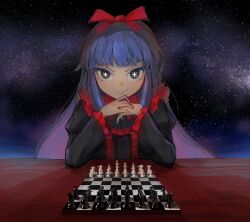 Rule 34 | 1girl, bishop (chess), black dress, black sleeves, black souls, blue eyes, blue hair, board game, chess, chess piece, chessboard, closed mouth, commentary, dress, elbows on table, fyxq, hair ribbon, highres, king (chess), knight (chess), long hair, long sleeves, mabel (black souls), night, night sky, own hands together, pawn (chess), queen (chess), red ribbon, ribbon, rook (chess), sky, smile, solo, star-shaped pupils, star (sky), star (symbol), starry background, starry sky, symbol-shaped pupils, upper body