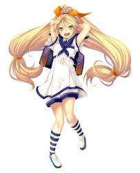 Rule 34 | 1girl, alternate costume, arms behind head, blonde hair, female focus, full body, green eyes, hair ribbon, highres, long hair, looking at viewer, low-tied long hair, mascot, ntny, official art, ootori kohaku, open mouth, orange ribbon, personification, ribbon, simple background, socks, solo, striped clothes, striped socks, unity-chan, unity (game engine), very long hair, white background