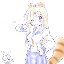 Rule 34 | 2girls, animal ears, blush, breasts, brown eyes, fox ears, fox tail, leaf, leaf on head, long hair, looking at viewer, mad (kusakabe), midori (mad), multiple girls, object on head, original, pappa (mad), raccoon ears, raccoon tail, short hair, simple background, smile, tail, white background