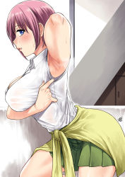 Rule 34 | 1girl, arched back, arm under breasts, arm up, armpits, bad id, bad pixiv id, blue eyes, breast hold, breasts, clothes around waist, collared shirt, commentary, from side, go-toubun no hanayome, green skirt, green sweater, highres, indoors, large breasts, leaning forward, nakano ichika, parted lips, pink hair, pleated skirt, presenting armpit, profile, shirt, short hair, signature, skirt, solo, sweat, sweater, sweater around waist, white shirt, wing collar, xter