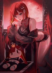 Rule 34 | 1girl, absurdres, akane lize, bare shoulders, belt, bent over, black choker, black eyes, black jacket, black shirt, black shorts, breasts, chair, character doll, choker, cleavage, crop top, cutoffs, fangs, full moon, hair ornament, hairclip, highres, huge moon, jacket, kneehighs, large breasts, long hair, long sleeves, looking at viewer, micro shorts, midriff, mole, mole on cheek, moon, multicolored hair, myabit, night, off shoulder, open mouth, red hair, red moon, red sky, red theme, see-through, see-through cleavage, shirt, short shorts, shorts, sky, sleeveless, sleeveless shirt, socks, solo, star (sky), stellive, streaked hair, taut clothes, thighs, tongue, tongue out, very long hair, virtual youtuber