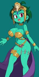 Rule 34 | 1girl, armband, bikini, bracelet, breasts, choker, cleavage, clothes lift, colored skin, dancer, earrings, forehead jewel, gold bikini, green hair, green skin, harem outfit, headdress, heart, jewelry, large breasts, navel, pelvic curtain, pelvic curtain lift, red eyes, rottytops, shantae (series), shantae and the pirate&#039;s curse, short hair, standing, stitches, swimsuit, thigh strap, undead, yuta agc, zombie