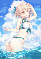 Rule 34 | 1girl, ahoge, arm up, ass, bare arms, bare shoulders, bikini, blonde hair, blue sky, bow, breasts, brown eyes, cleavage, cloud, cloudy sky, day, fate/grand order, fate (series), hair bow, half updo, halterneck, highleg, highleg bikini, highres, large breasts, looking at viewer, navel, okita j. souji (fate), okita j. souji (third ascension) (fate), okita souji (fate), okita souji (koha-ace), open mouth, outdoors, rong yi tan, short hair, sidelocks, sky, smile, solo, swimsuit, wading, water, white bikini