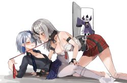 Rule 34 | 3girls, absurdres, amane kanata, animal, animal on head, bird, bird on head, breasts, camisole, closed eyes, commentary, crow, crow (la+ darknesss), flat chest, gloves, grey hair, highres, hololive, horns, la+ darknesss, la+ darknesss (1st costume), large breasts, leash, leash pull, long hair, multiple girls, on head, partially fingerless gloves, red nails, sakamata chloe, sakamata chloe (1st costume), sleeves past fingers, sleeves past wrists, symbol-only commentary, virtual youtuber, walk-in, white camisole, wktfrv47n, yuri