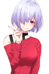 Rule 34 | 1girl, absurdres, arm at side, bob cut, bracelet, breasts, earrings, grin, hand up, highres, ichiki 1, jewelry, large breasts, looking at viewer, mole, mole under mouth, original, purple hair, red shirt, shirt, short hair, simple background, smile, solo, upper body, v, white background