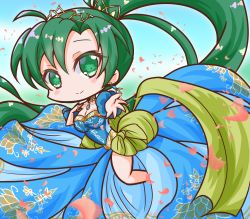 Rule 34 | 1girl, blue dress, blue skirt, breasts, chibi, cleavage, dress, earrings, fire emblem, fire emblem: the blazing blade, green eyes, griffonmask11, highres, jewelry, large breasts, long hair, lyn (fire emblem), nintendo, ponytail, short sleeves, skirt, solo, very long hair