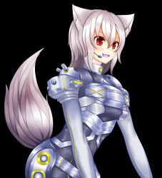 Rule 34 | 1girl, animal ears, armor, bad id, bad twitter id, black background, blush, breasts, fang, inubashiri momiji, oohirakeisuke, open mouth, red eyes, short hair, silver hair, simple background, solo, tail, touhou, wolf ears, wolf tail