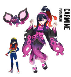Rule 34 | 1girl, absurdres, alternate costume, alternate hairstyle, black hair, carmine (pokemon), colored inner hair, creatures (company), crossed bangs, game freak, hair between eyes, high ponytail, highres, japanese clothes, kimono, long hair, long sleeves, mind control, mole, mole under eye, multicolored hair, nintendo, obi, official style, open mouth, pecharunt, pokemon, pokemon (creature), pokemon sv, ponytail, red hair, rhymewithray, sash, simple background, two-tone hair, wide sleeves