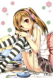 Rule 34 | 1girl, absurdres, book, brown hair, calendar, cd case, cd player, copyright request, discman, headphones, highres, hugging own legs, image sample, kantoku, kantoku (style), knees to chest, legs, pillow, red eyes, shirt, sitting, sleeveless, sleeveless shirt, snowflakes, solo, striped clothes, striped thighhighs, thighhighs