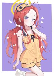 Rule 34 | 1girl, absurdres, ahoge, blue archive, blush, bow, foot out of frame, hair bow, halo, heart, highres, long hair, orange pajamas, pajamas, parted lips, pkan, purple eyes, red hair, socks, solo, white bow, white socks, yellow halo, yuzu (blue archive)