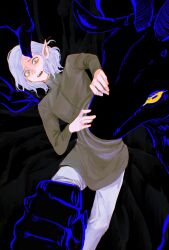 Rule 34 | 1boy, animal, black background, commentary, crying, demon, dungeon meshi, elf, english commentary, goat, goat (dungeon meshi), grey eyes, grey hair, high collar, highres, horizontal pupils, horns, leg grab, long sleeves, male focus, medium hair, mithrun, outline, pants, pointy ears, purple outline, pushing away, scared, shirt, tears, wavy hair, wide-eyed, xiaoarts, yellow eyes