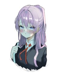 Rule 34 | 1girl, blush, hair between eyes, highres, nappi0110, open mouth, purple eyes, purple hair, simple background, solo, white background