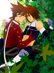 Rule 34 | 00s, 2boys, age difference, blush, condom, detached sleeves, father and son, fingerless gloves, gloves, hands in shirt, kratos aurion, lloyd irving, looking at viewer, male focus, multiple boys, sexually suggestive, short hair, suspenders, tales of (series), tales of symphonia, yaoi