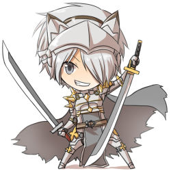 Rule 34 | 1boy, armor, armored boots, boots, breastplate, cape, chainmail, chibi, commentary request, cross, dual wielding, full body, gauntlets, grey cape, grey hair, grin, hair between eyes, holding, holding sword, holding weapon, katana, leg armor, looking at viewer, male focus, natsuya (kuttuki), pauldrons, ragnarok online, reverse grip, rune knight (ragnarok online), short hair, shoulder armor, simple background, smile, solo, spiked pauldrons, standing, sword, tabard, torn cape, torn clothes, visor (armor), weapon, white background, white hair