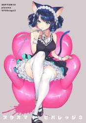 Rule 34 | 1girl, animal ears, aqua eyes, bare shoulders, bell, black dress, black footwear, black hair, bow, cat ears, cat tail, commentary request, couch, curly hair, cyan (show by rock!!), dress, drinking straw, frilled skirt, frills, gothic lolita, grey background, lolita fashion, looking at viewer, maid headdress, nail polish, natsuhiko, ringlets, shoes, show by rock!!, simple background, sitting, skirt, sleeveless, sleeveless dress, smile, solo, swept bangs, tail, thighhighs, white thighhighs, wrist cuffs