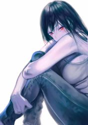 Rule 34 | 1girl, adventure time, bad id, bad pixiv id, black hair, cartoon network, colored skin, covering own mouth, denim, gazing, highres, jeans, long hair, mablex, marceline abadeer, pale skin, pants, purple skin, red eyes, sitting, sleeveless, solo, staring, white background