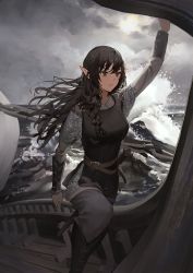 Rule 34 | 1girl, armor, black footwear, black hair, black shirt, boat, bracer, braid, breasts, chainmail, cloud, cloudy sky, commentary, commentary request, day, english commentary, expressionless, grey pants, hand up, highres, holding, long hair, medium breasts, ocean, original, outdoors, pants, pointy ears, sailboat, ship, shirt, sky, solo, sunako (veera), sword, water, watercraft, weapon