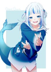 Rule 34 | 1girl, banana3960, blue background, blue eyes, blue hair, blue hoodie, blunt bangs, blush, character name, double v, fins, fish tail, gawr gura, gawr gura (1st costume), grey hair, hair ornament, highres, hololive, hololive english, hood, hoodie, long hair, long sleeves, looking at viewer, multicolored hair, no pants, open mouth, shark girl, shark hair ornament, shark tail, sharp teeth, simple background, sleeves past wrists, smile, solo, streaked hair, tail, teeth, two side up, v, virtual youtuber, white background