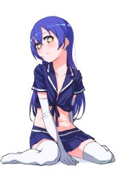 Rule 34 | 1girl, arm support, blue hair, blue shirt, blue skirt, blush, commentary request, elbow gloves, full body, gloves, goe (g-o-e), hair between eyes, highres, looking at viewer, love live!, love live! school idol project, navel, no shoes, pleated skirt, shirt, short sleeves, simple background, sitting, skirt, solo, sonoda umi, thighhighs, wariza, white background, white gloves, white thighhighs, yellow eyes