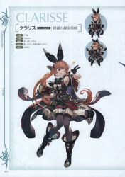 Rule 34 | 1girl, absurdres, armpits, belt, black footwear, black gloves, black thighhighs, book, boots, brown hair, cape, character name, clarisse (granblue fantasy), fire, full body, gloves, granblue fantasy, hair ribbon, highres, holding, jacket, knee boots, long hair, looking at viewer, minaba hideo, multiple views, official art, one eye closed, open mouth, pleated skirt, ribbon, scan, simple background, skirt, sleeveless, smile, standing, test tube, thighhighs, zettai ryouiki