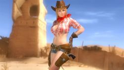 Rule 34 | 1girl, 3d, blonde hair, blue eyes, breasts, cowboy western, dead or alive, dead or alive 5, gun, hat, large breasts, official art, official wallpaper, tecmo, tina armstrong, wallpaper, weapon, wrestler