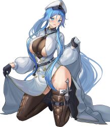 Rule 34 | 1girl, azur lane, belt, belt pouch, black gloves, blue eyes, blue hair, boots, breasts, brown footwear, clothes lift, coat, coat dress, commentary, full body, gloves, hair between eyes, hat, highres, kneeling, large breasts, leg belt, lom (lom lom 8), long hair, looking at viewer, o-ring, o-ring belt, parted bangs, parted lips, peaked cap, pelvic curtain, pelvic curtain lift, pouch, sidelocks, simple background, smile, solo, sovetskaya belorussiya (azur lane), thigh boots, underboob, very long hair, white background, white coat, white hat