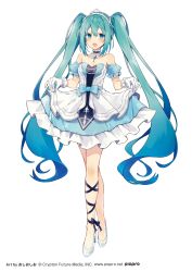 Rule 34 | 1girl, :d, absurdres, aqua bow, aqua eyes, aqua hair, bare shoulders, blush, bow, choker, collarbone, commentary request, copyright notice, crypton future media, dress, frilled choker, frilled dress, frills, full body, glass slipper, gloves, hair between eyes, hair ornament, hatsune miku, high heels, highres, holding, long hair, looking at viewer, official art, open mouth, oshio (dayo), piapro, simple background, smile, solo, standing, taito, tiara, twintails, very long hair, vocaloid, white background, white dress, white gloves