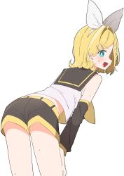 :d absurdres aqua_eyes ass bent_over black_sailor_collar blonde_hair bow from_behind hair_bow hair_ornament hairclip highres kagamine_rin looking_back midriff_peek neckerchief open_mouth sailor_collar short_hair shorts smile sweat thighs uruti_2388 v-shaped_eyebrows vocaloid white_background white_bow yellow_neckerchief yellow_trim