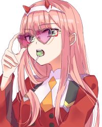 Rule 34 | 10s, 1girl, adjusting eyewear, adjusting glasses, candy, commentary request, darling in the franxx, food, green eyes, hairband, heart, heart-shaped eyewear, heart-shaped glasses, heart-shaped sunglasses, highres, horns, lollipop, mekune, open mouth, orange neckwear, pilot suit, pink-tinted eyewear, pink-tinted glasses, pink hair, simple background, solo, straight hair, sunglasses, tinted eyewear, white hairband, zero two (darling in the franxx)