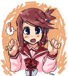 Rule 34 | !, 00s, 1girl, :o, blue eyes, blush, brown hair, folded ponytail, gift, komaki manaka, long sleeves, looking at viewer, open mouth, sailor collar, school uniform, solo, speech bubble, spoken exclamation mark, teeth, to heart (series), to heart 2