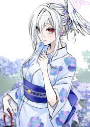 1girl absurdres alternate_costume blue_archive blue_flower blue_kimono breasts commentary_request floral_background floral_print floral_print_kimono flower hair_between_eyes hair_bun hair_flower hair_ornament halo head_wings highres japanese_clothes kimono light_blush long_sleeves looking_at_viewer medium_breasts obi pasta_bar415 print_kimono red_eyes sash single_head_wing solo suzumi_(blue_archive) upper_body white_hair wide_sleeves wings