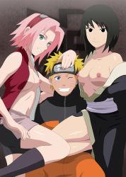 Rule 34 | 1boy, 2girls, absurdres, bare shoulders, belly, black eyes, black hair, black shorts, blonde hair, blue eyes, blush, boots, breasts, breasts out, clenched teeth, eyebrows, eyelashes, forehead, forehead protector, green eyes, grin, hairband, hand on another&#039;s head, hands on shoulders, haruno sakura, headband, highres, japanese clothes, jumpsuit, knees, konohagakure symbol, legs, lips, looking at viewer, medium breasts, multiple girls, naruto (series), naruto shippuuden, neck, nipples, no bra, one eye closed, open clothes, open shirt, pectorals, pimp, pink hair, shirt, shizune (naruto), short hair, shorts, sitting, small areolae, small breasts, small nipples, smile, spiked hair, standing, stiky finkaz, stomach, sweat, teeth, thighs, uzumaki naruto, wink