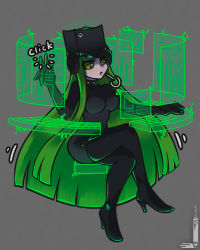Rule 34 | 1girl, black bodysuit, black hat, black sclera, bodysuit, breasts, colored sclera, full body, game console, green eyes, green hair, grey background, hat, high heels, highres, hologram, lips, loen, long hair, looking at viewer, original, product girl, simple background, sitting, solo, sound effects, thighhighs, typing, very long hair, xbox, xbox series x, xbox series x (personification)
