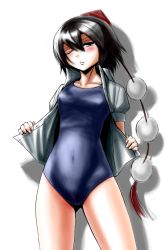 Rule 34 | 1girl, bad id, bad pixiv id, black hair, blush, dress shirt, female focus, hat, looking at viewer, nukarumi noren, one-piece swimsuit, one eye closed, open clothes, open shirt, red eyes, school swimsuit, shameimaru aya, shirt, short hair, solo, swimsuit, tokin hat, touhou, wink
