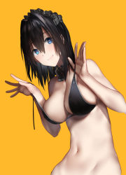 Rule 34 | 1girl, araido kagiri, bare arms, bare shoulders, bikini, black bikini, black bow, black bowtie, black hair, blue eyes, bow, bowtie, breasts, cleavage, closed mouth, detached collar, groin, hair between eyes, hands up, headdress, highres, large breasts, long hair, looking at viewer, navel, orange background, original, sidelocks, simple background, smile, solo, strap pull, swimsuit, untied bikini, upper body