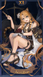 1girl absurdres animal_ears arknights blue_eyes breasts cat_ears cat_girl cleavage commentary drill_hair drill_sidelocks english_commentary fang flower green_nails hair_flower hair_ornament highres holding justice_(tarot) karenncat long_hair looking_at_viewer nail_polish official_alternate_costume open_mouth orange_hair sandals sidelocks sitting small_breasts solo swire_(arknights) swire_the_elegant_wit_(arknights) tarot toenail_polish toenails