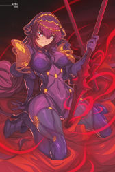 Rule 34 | 1girl, armor, bodysuit, boots, breasts, commission, edwin huang, fate/grand order, fate (series), gae bolg (fate), high heel boots, high heels, highres, long hair, medium breasts, navel, pauldrons, planted, planted spear, polearm, purple bodysuit, purple hair, red eyes, scathach (fate), scathach (fate), see-through, shoulder armor, skin tight, solo, spear, thigh boots, thighhighs, veil, very long hair, weapon