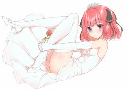 Rule 34 | 1girl, ass, bare shoulders, blue eyes, blush, bow, breasts, bride, c8oyk, closed mouth, dress, earrings, elbow gloves, flower, full body, gloves, go-toubun no hanayome, hair ribbon, heart, heart earrings, high heels, jewelry, looking at viewer, nakano nino, pumps, red flower, red hair, ribbon, simple background, solo, thighhighs, tiara, wedding dress, white background, white bow, white dress, white footwear, white gloves, white thighhighs