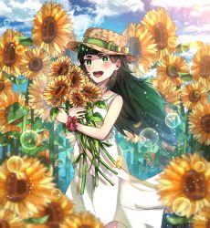Rule 34 | 1girl, blush, cloud, cloudy sky, cowboy shot, day, dress, field, flower, flower field, green eyes, green hair, hat, hat ribbon, highres, hiyajou maho, lens flare, long hair, looking at viewer, mady (madine08260), open mouth, ribbon, scrunchie, sky, smile, solo, steins;gate, steins;gate 0, straw hat, sunflower, sunflower field, thick eyebrows, white dress, wrist scrunchie