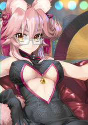 Rule 34 | 1girl, absurdres, animal ear fluff, animal ears, bare shoulders, bell, black dress, black gloves, breasts, center opening, china dress, chinese clothes, closed mouth, dress, fate/grand order, fate (series), folding fan, fox ears, fox girl, glasses, gloves, hair between eyes, hand fan, highres, jingle bell, koyanskaya (chinese lostbelt outfit) (fate), koyanskaya (fate), large breasts, long hair, looking at viewer, ninnin (shishitou), pink hair, sidelocks, smile, solo, tamamo (fate), tassel, underboob, yellow eyes