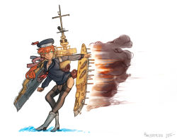 Rule 34 | 10s, 1girl, 2015, american flag, artillery, black thighhighs, boat, boots, brown hair, cannon, dark-skinned female, dark skin, english text, fire, garter belt, garter straps, green eyes, kantai collection, long hair, machinery, military, military uniform, naval uniform, original, panzermeido, ponytail, red hair, simple background, smoke, solo, thighhighs, thighs, turret, uniform, uss st. louis (c-20), water, watercraft, world of warships