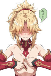 Rule 34 | 1girl, bandeau, bare shoulders, blonde hair, blush, braid, breasts, closed mouth, collarbone, commentary, detached collar, detached sleeves, fang, fang out, fate/apocrypha, fate (series), french braid, hair ornament, hair scrunchie, highres, long hair, mordred (fate), mordred (fate/apocrypha), parted bangs, ponytail, red scrunchie, revision, scrunchie, shaded face, sidelocks, simple background, small breasts, speech bubble, tonee, translated, undressing, white background