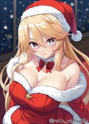 1girl bare_shoulders blonde_hair blue_eyes breasts cleavage commentary_request dress fur-trimmed_dress fur-trimmed_headwear fur_trim hair_between_eyes hat indoors iowa_(kancolle) kantai_collection large_breasts long_hair looking_at_viewer night off_shoulder red_dress red_hat ruin_re_birth santa_dress santa_hat smile snowing solo star_(symbol) star_in_eye symbol-shaped_pupils symbol_in_eye window