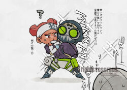 Rule 34 | 1boy, 1girl, animification, apex legends, aviator cap, black hat, black pants, blue gloves, carrying, cathy (cassie0720), chibi, dark-skinned female, dark skin, detached sleeves, double bun, gloves, goggles, grey background, grey headband, grey shorts, hair bun, hat, headband, lifeline (apex legends), mask, mask around neck, mechanical legs, mouth mask, octane (apex legends), pants, princess carry, red hair, shadow, shorts, translation request, v-shaped eyebrows
