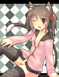 Rule 34 | 1girl, animal ears, bad id, bad pixiv id, black thighhighs, blush, breasts, brown hair, cat ears, cat girl, cat tail, checkered background, cleavage, fang, female focus, hair ribbon, highres, no pants, one eye closed, open mouth, original, oruto (ort+), oruton, panties, patterned legwear, polka dot, polka dot legwear, red eyes, ribbon, shirt, small breasts, solo, striped clothes, striped panties, tail, thighhighs, twintails, underwear, wink, yellow panties