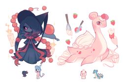 Rule 34 | alcremie, alcremie (strawberry sweet), alcremie (vanilla cream), brown eyes, cake batter, candle, charamells, creature, creatures (company), cutting, fire, fire, floating, food, fruit, full body, fusion, game freak, gen 1 pokemon, gen 2 pokemon, gen 8 pokemon, ghost, hat, hatterene, horns, knife, lapras, looking at another, looking at viewer, medium hair, misdreavus, multiple fusions, nintendo, pokemon, pokemon (creature), purple eyes, purple hair, shell, simple background, single horn, standing, strawberry, whipped cream, white background, witch hat