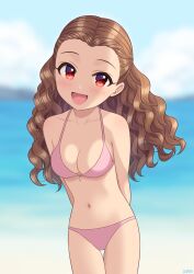 Rule 34 | 1girl, arms behind back, blue sky, blurry, blurry background, breasts, brown hair, check commentary, cloud, collarbone, commentary request, commission, cowboy shot, day, forehead, highres, idolmaster, idolmaster cinderella girls, light blush, long hair, looking at viewer, medium breasts, navel, ocean, open mouth, outdoors, red eyes, seki hiromi, skeb commission, sky, smile, solo, stomach, thighs, wavy hair, wgm oekaki
