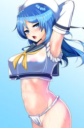 Rule 34 | 10s, 1girl, :o, arm up, armpits, arms behind head, blue eyes, blue hair, blush, breasts, covered erect nipples, cowboy shot, crop top, crop top overhang, double bun, elbow gloves, female focus, gloves, gradient background, hair bun, hat, kantai collection, large breasts, long hair, looking at viewer, matching hair/eyes, open mouth, school uniform, see-through, serafuku, shirt, sleeves rolled up, solo, standing, tenken (gotannda), urakaze (kancolle), water, wet, white hat, white shirt